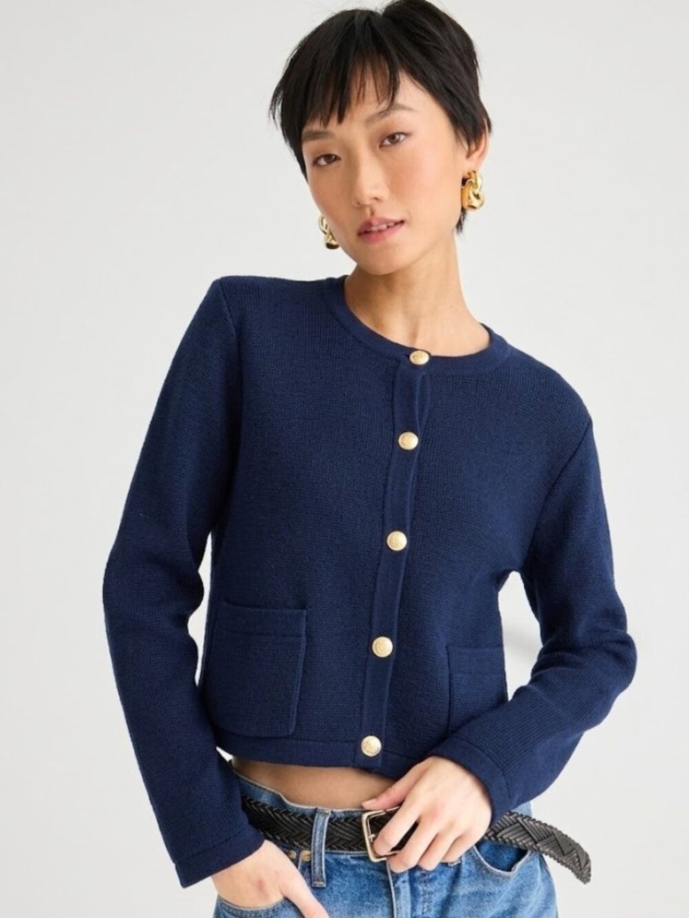 NWT J.Crew Emilie Sweater Lady Jacket in Navy Blue Cotton Knit Cardigan L